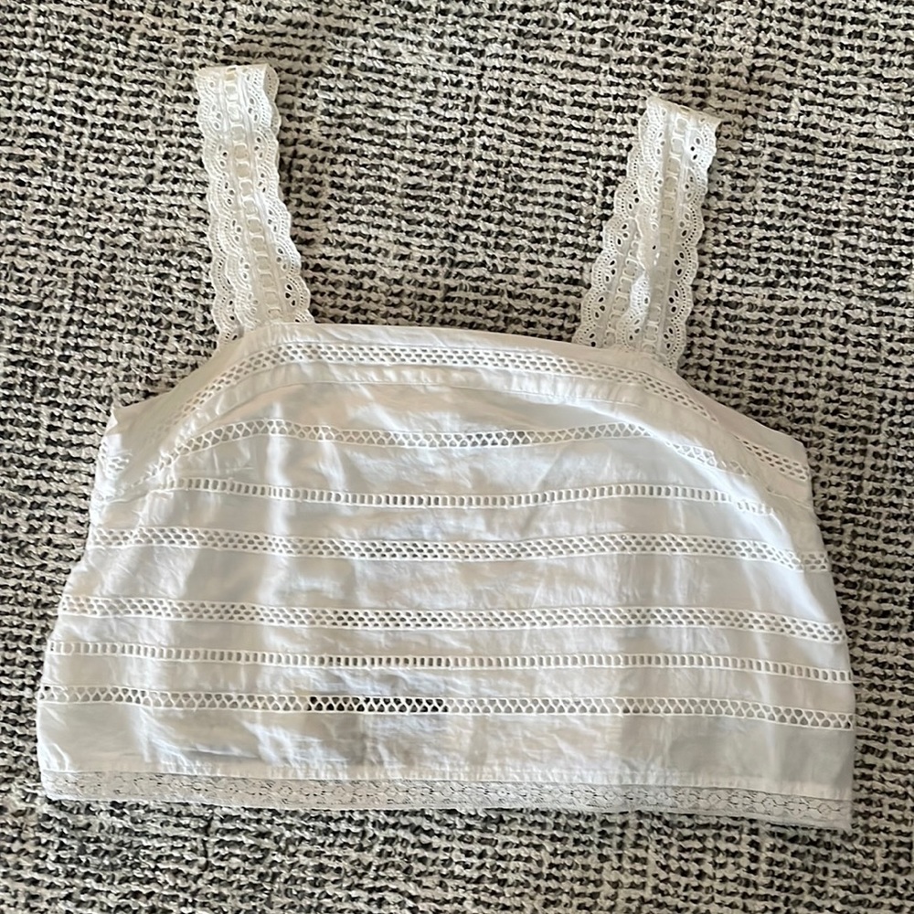 topshop white open back eyelet crop top